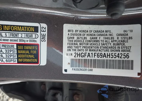 2010 Honda Civic Lx-S из США, поврежденный, VIN 2HGFA1F69AH554256